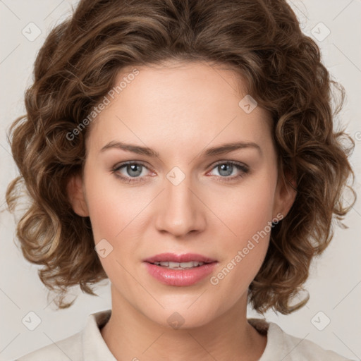 Joyful white young-adult female with medium  brown hair and green eyes