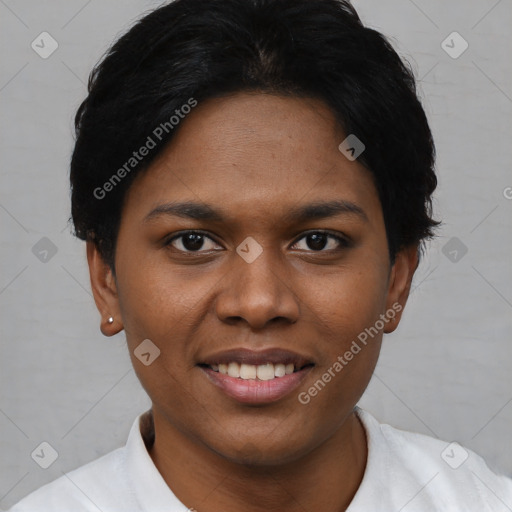 Joyful black young-adult female with short  black hair and brown eyes