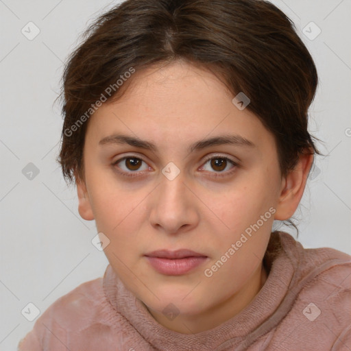 Neutral white young-adult female with short  brown hair and brown eyes