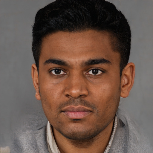 Neutral latino young-adult male with short  black hair and brown eyes