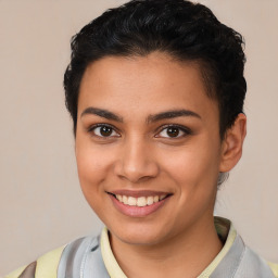 Joyful latino young-adult female with short  brown hair and brown eyes