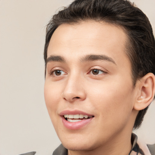 Joyful white young-adult male with medium  brown hair and brown eyes