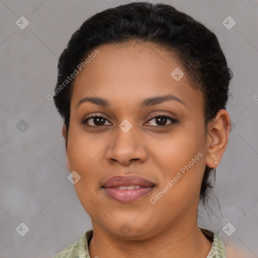 Joyful latino young-adult female with short  brown hair and brown eyes