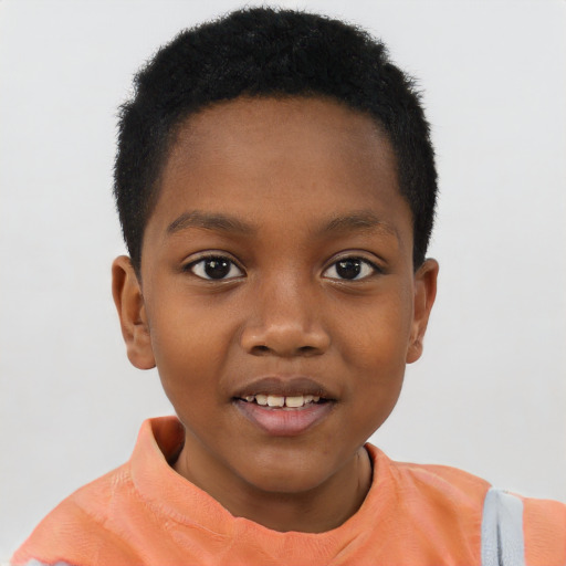 Joyful black child female with short  brown hair and brown eyes