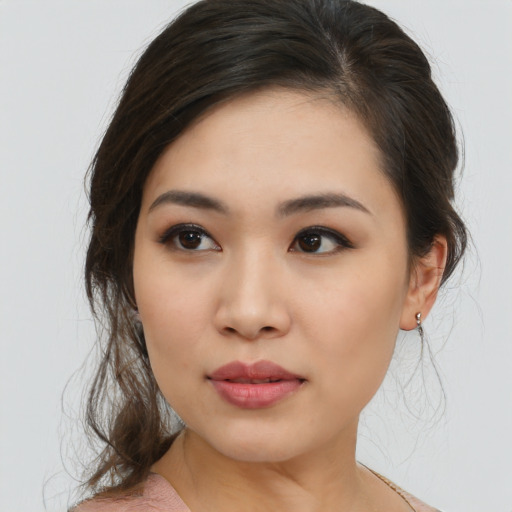 Neutral asian young-adult female with medium  brown hair and brown eyes