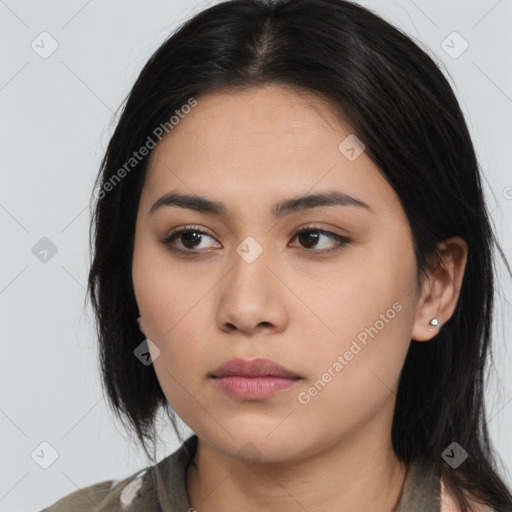 Neutral asian young-adult female with long  brown hair and brown eyes