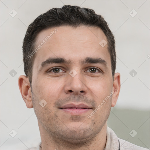 Neutral white young-adult male with short  brown hair and brown eyes