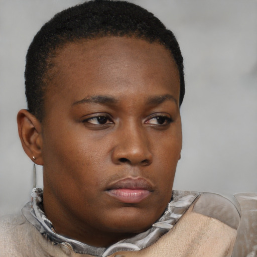 Neutral black young-adult female with short  brown hair and brown eyes