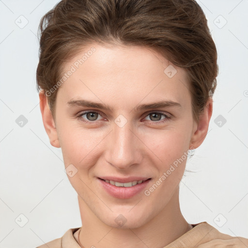 Joyful white young-adult female with short  brown hair and grey eyes