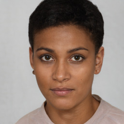 Neutral black young-adult female with short  brown hair and brown eyes