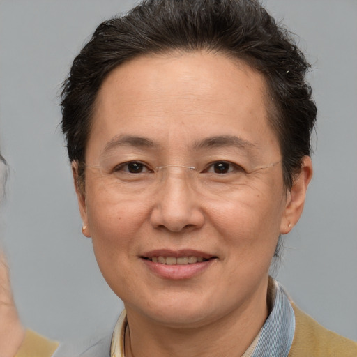 Joyful white adult female with short  brown hair and brown eyes