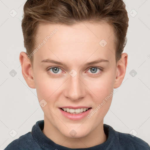 Joyful white young-adult female with short  brown hair and grey eyes