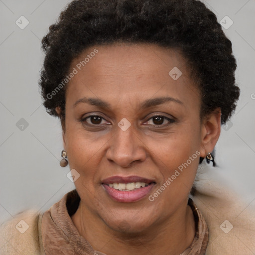 Joyful latino adult female with short  brown hair and brown eyes