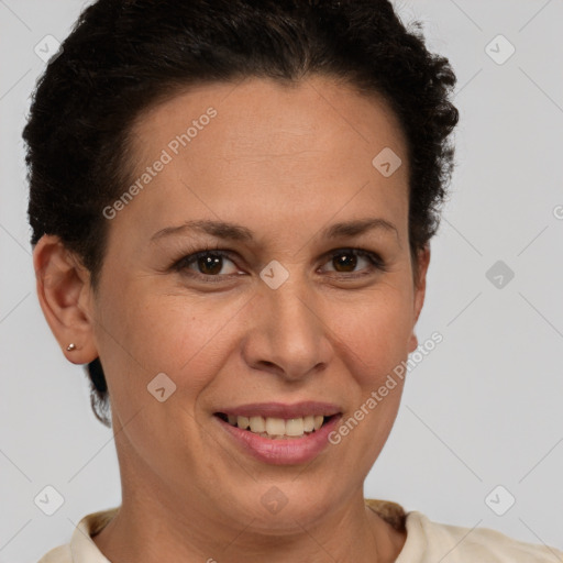 Joyful white adult female with short  brown hair and brown eyes