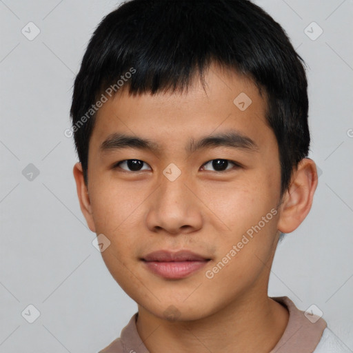 Joyful asian young-adult male with short  brown hair and brown eyes