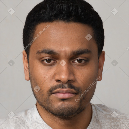 Neutral latino young-adult male with short  black hair and brown eyes