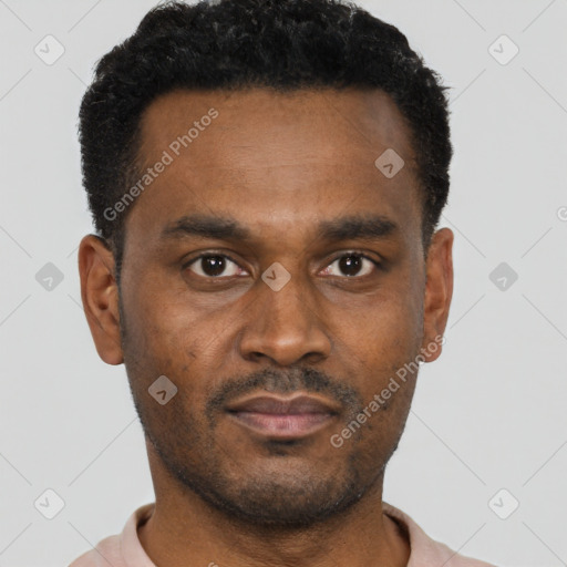 Neutral black young-adult male with short  black hair and brown eyes