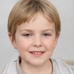 Joyful white child female with medium  brown hair and grey eyes