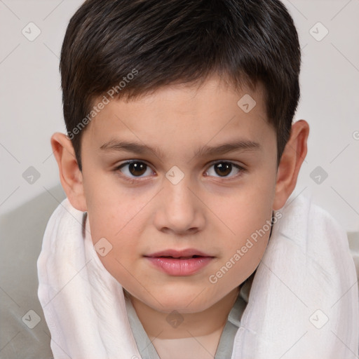 Joyful white child male with short  brown hair and brown eyes