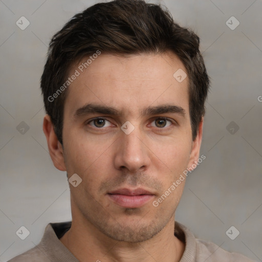 Neutral white young-adult male with short  brown hair and brown eyes