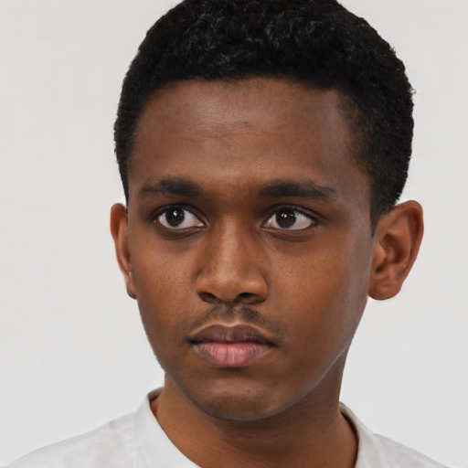 Neutral black young-adult male with short  black hair and brown eyes