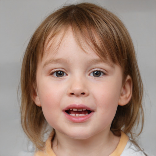 Joyful white child female with medium  brown hair and blue eyes