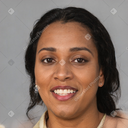 Joyful latino young-adult female with medium  black hair and brown eyes