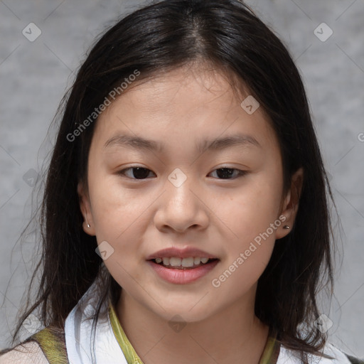 Joyful white child female with medium  brown hair and brown eyes