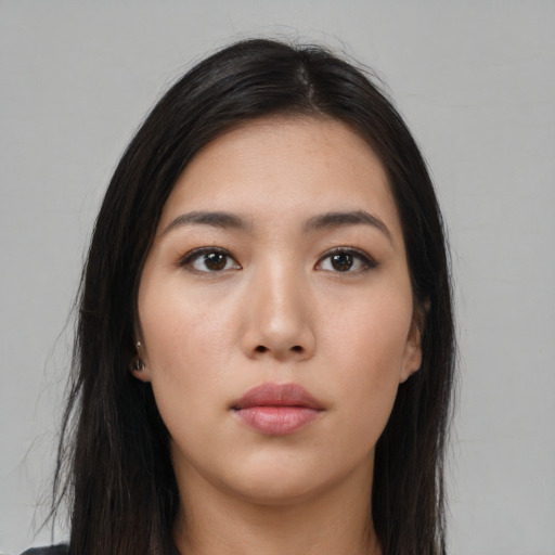 Neutral asian young-adult female with long  black hair and brown eyes