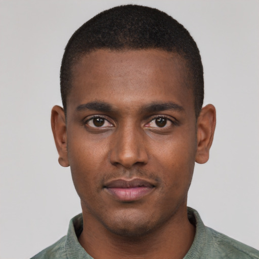 Neutral black young-adult male with short  black hair and brown eyes