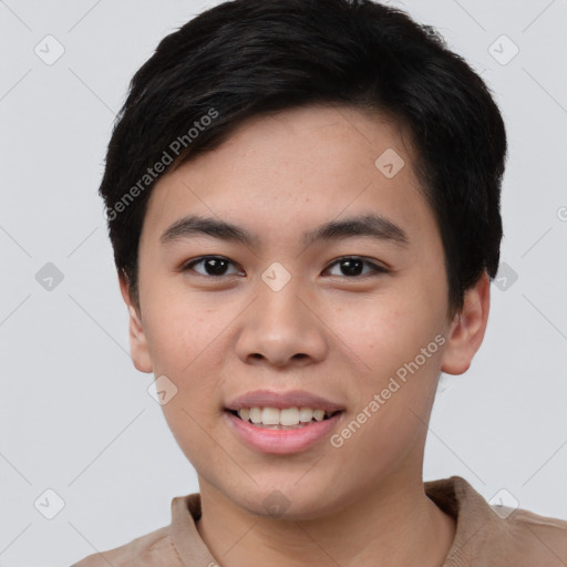 Joyful white young-adult male with short  black hair and brown eyes