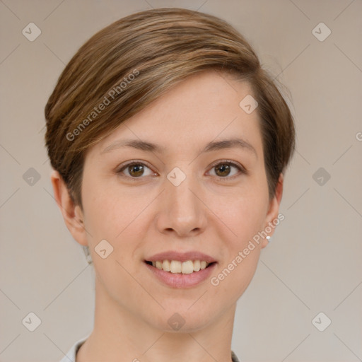 Joyful white young-adult female with short  brown hair and grey eyes