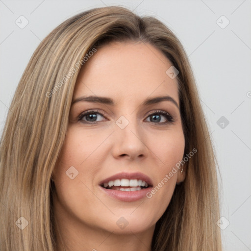 Joyful white young-adult female with long  brown hair and brown eyes