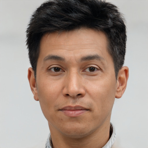 Joyful asian adult male with short  brown hair and brown eyes
