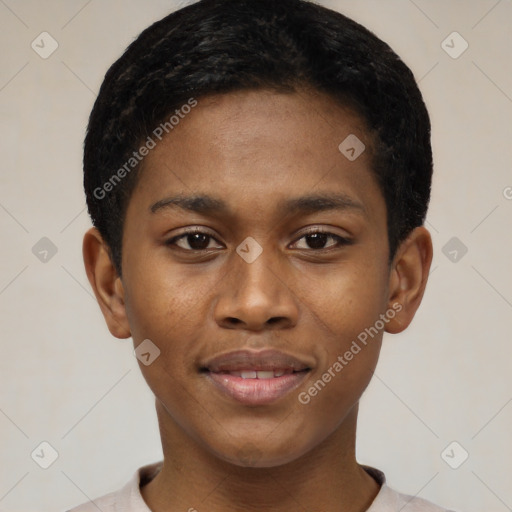 Joyful black young-adult male with short  black hair and brown eyes