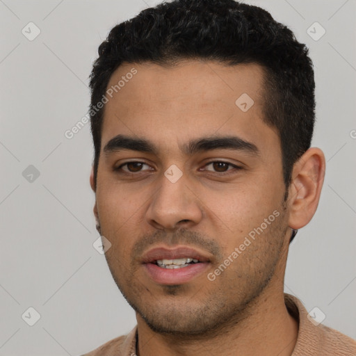 Neutral latino young-adult male with short  black hair and brown eyes