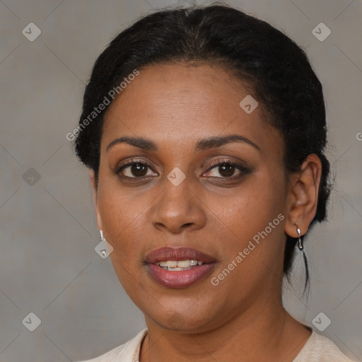 Joyful black young-adult female with medium  brown hair and brown eyes