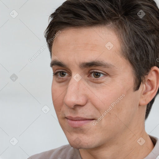 Neutral white adult male with short  brown hair and brown eyes