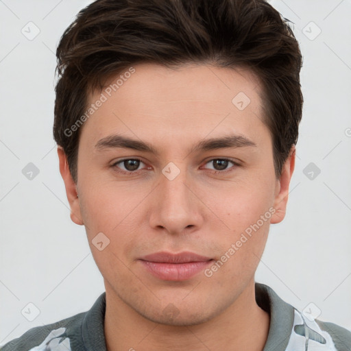 Neutral white young-adult male with short  brown hair and brown eyes