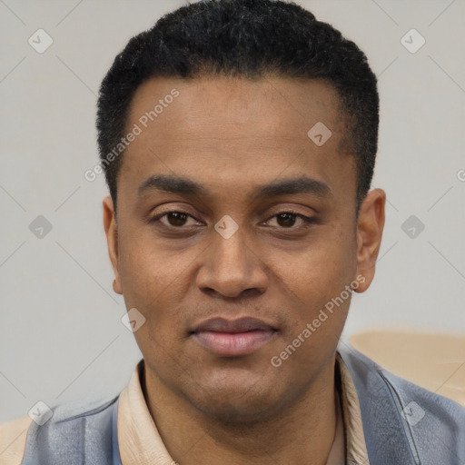 Joyful black young-adult male with short  black hair and brown eyes