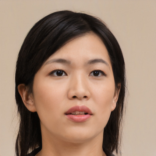 Neutral asian young-adult female with long  black hair and brown eyes