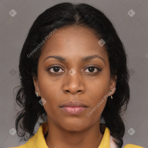 Neutral black young-adult female with medium  black hair and brown eyes