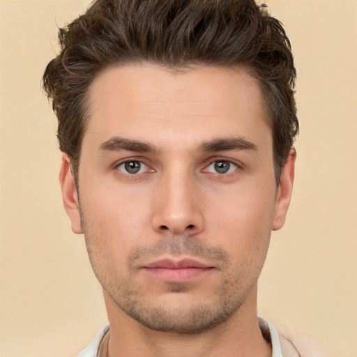 Neutral white young-adult male with short  brown hair and brown eyes