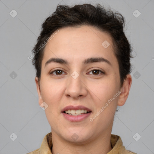 Joyful white young-adult female with short  brown hair and brown eyes