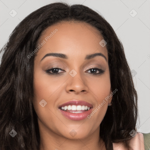 Joyful latino young-adult female with long  brown hair and brown eyes