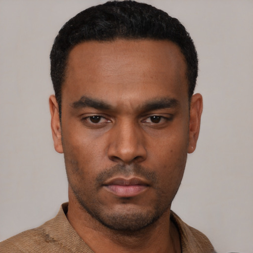 Neutral black young-adult male with short  black hair and brown eyes