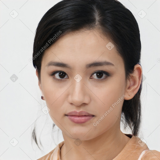 Neutral asian young-adult female with medium  black hair and brown eyes