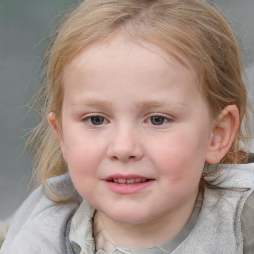 Joyful white child female with medium  brown hair and blue eyes