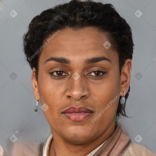 Joyful latino young-adult female with short  brown hair and brown eyes