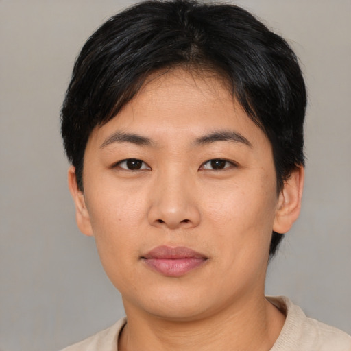 Neutral asian young-adult female with short  black hair and brown eyes